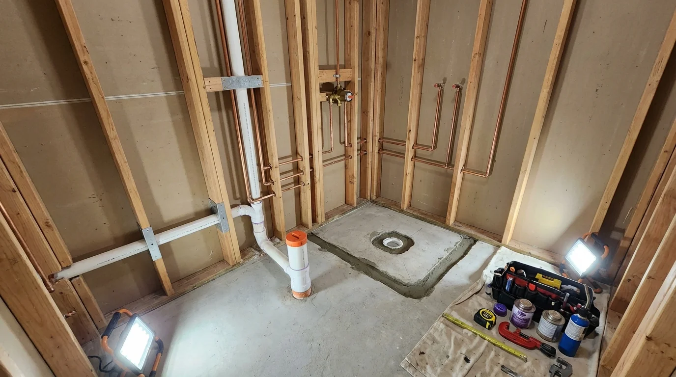 Bathroom rough-in plumbing during remodel by Johns Plumbing LLC in Sandstone