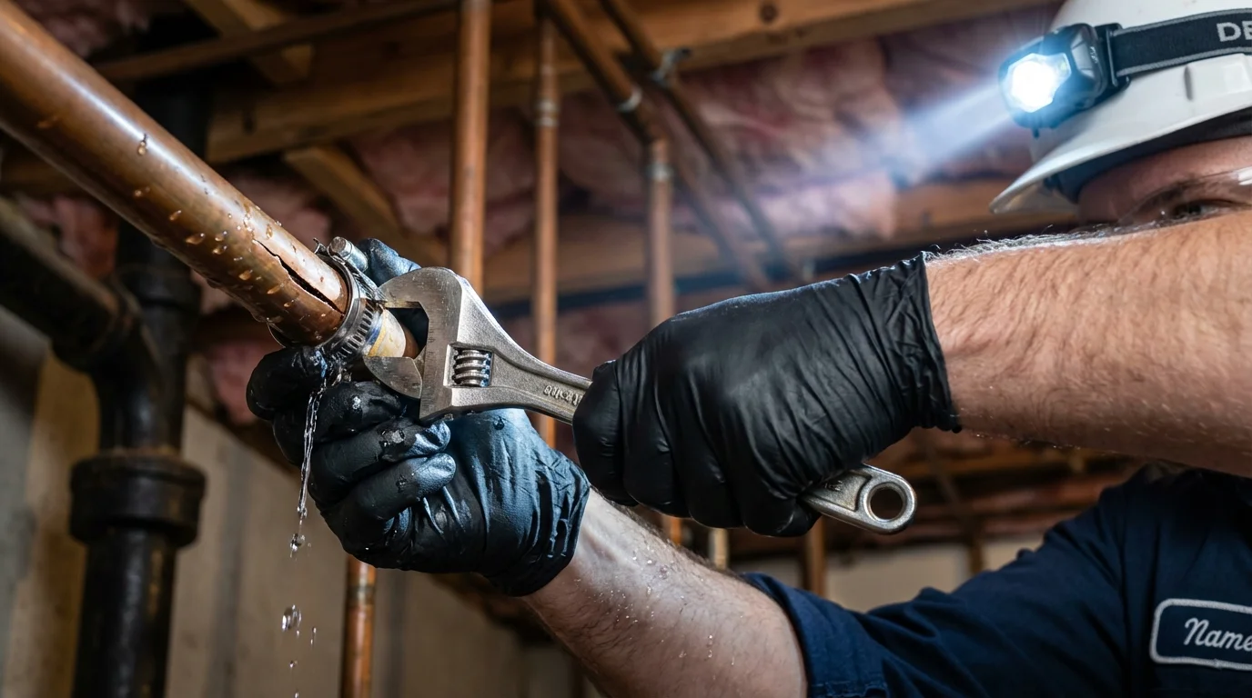 Emergency pipe clamp repair being performed by a Johns Plumbing LLC plumber in Sandstone